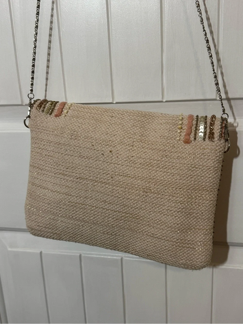 America & Beyond Embellished Pink & Cream Beaded Envelope Crossbody Bag/Clutch